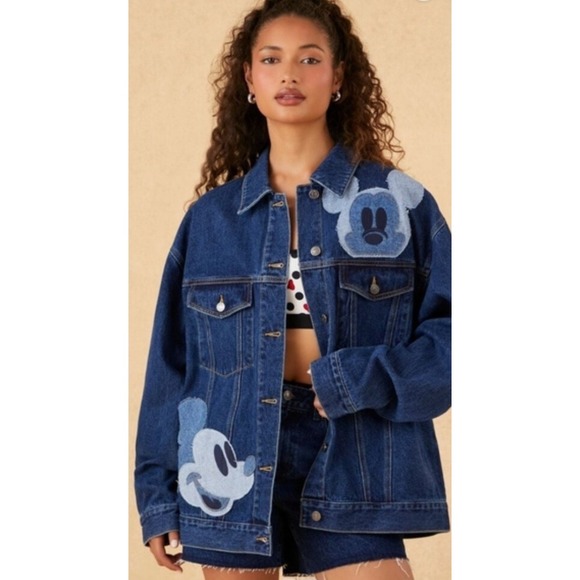 Disney Forever 21 Mickey Mouse Denim Jacket Blue Oversized Patchwork Womens S - Picture 2 of 10